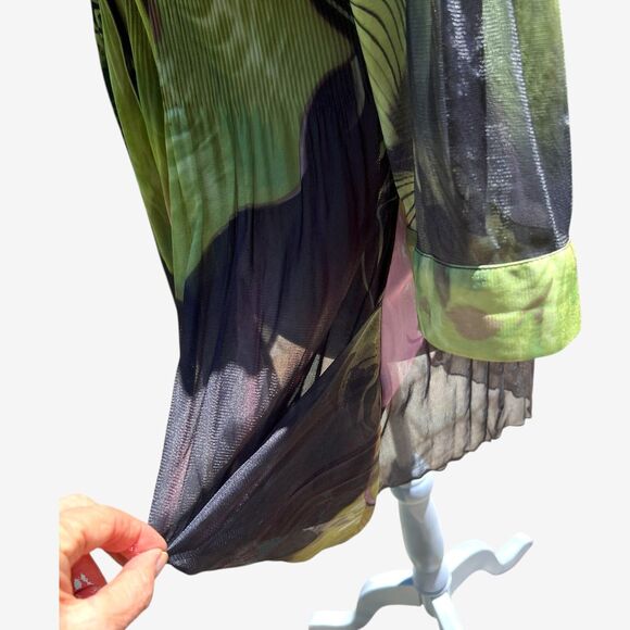 Lindi  green purple  3/4 Roll-Up Sleeve Drape Pleat Tunic Top M - Picture 6 of 7